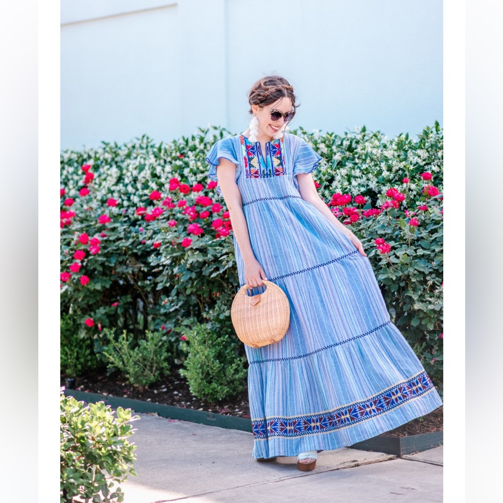 Anthropologie Laia Aida Embroidered Blue Striped Maxi Dress Size Small